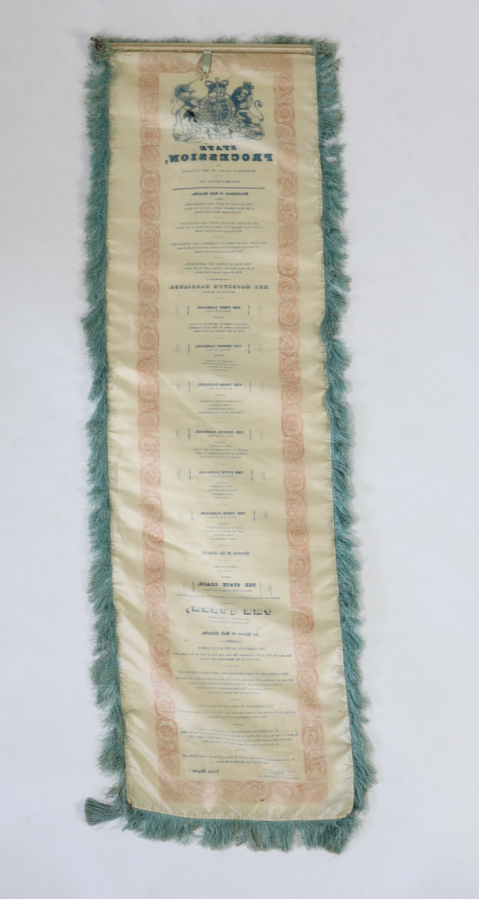 A silk banner; State Procession from Buckingham Palace to The Guildhall on the Ninth Day of November 1837. The day of Queen Victoria’s Coronation. Printed with the Royal Coat of Arms and a list of the guards, carriages a